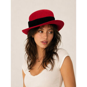 Vintage 100% Wool Felt Derby Hat Garden Party Twee Velvet Bow Spring Statement